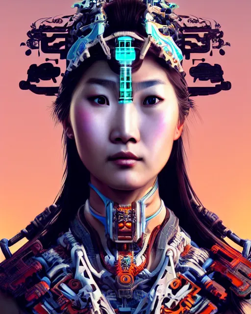 Image similar to portrait of a machine from horizon zero dawn, machine face, upper half portrait, decorated with chinese opera motifs, asian, bian lian, traditional chinese art, intricate, elegant, highly detailed, symmetry, digital painting, artstation, concept art, smooth, sharp focus, illustration, art by artgerm and greg rutkowski and alphonse mucha, 8 k