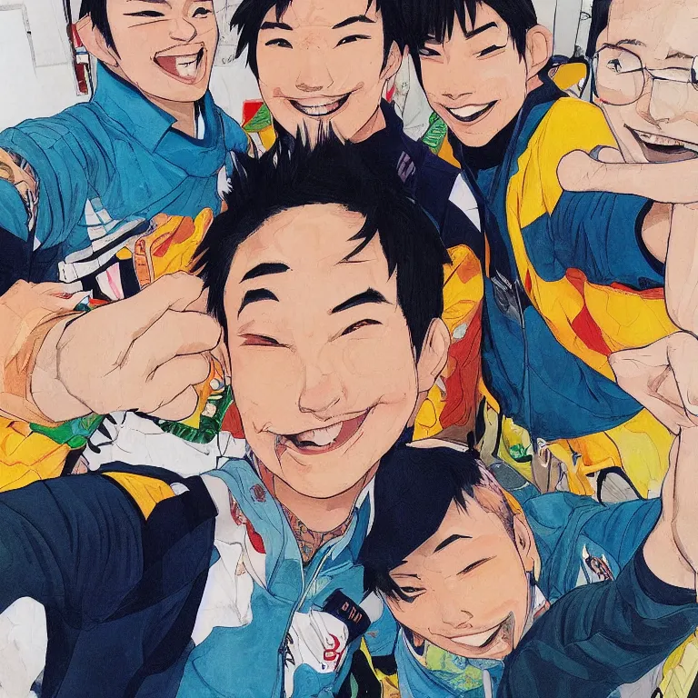 Image similar to a detailed colorful illustration of three guys ( daichi, sugawara, asahi ) posing for a selfie by timothy kong, trending on artstation