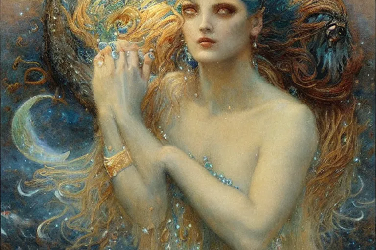 Prompt: portrait of the personification of the moon, goddess of the tides. art by gaston bussiere.