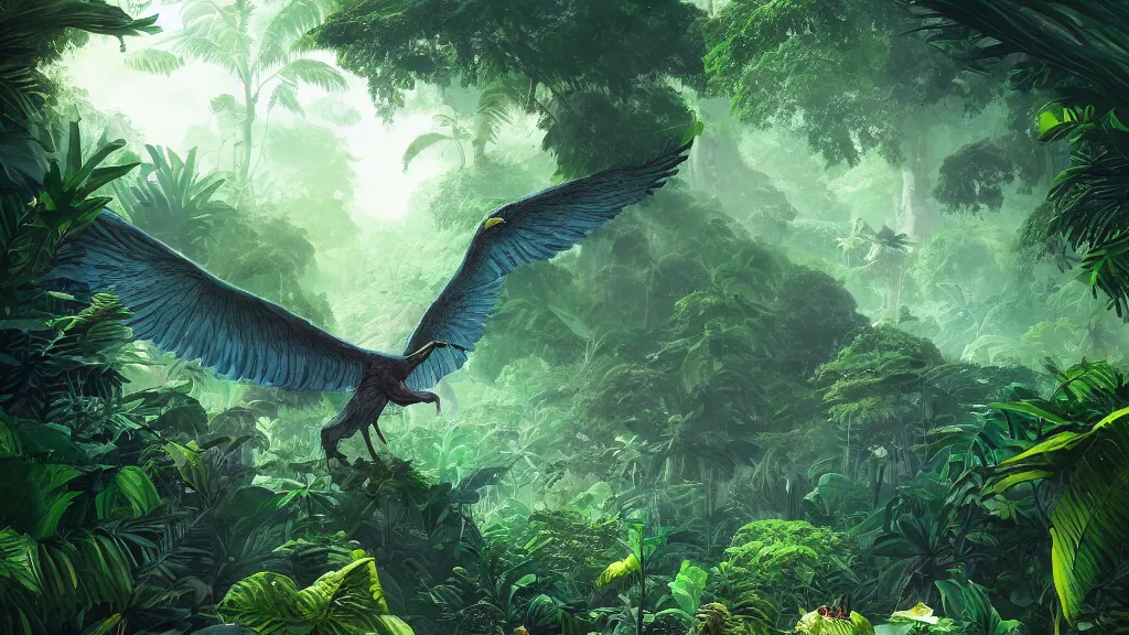 Image similar to giant green winged monster flying through a lush jungle, obscured by giant trees, by sylvain sarrailh, rossdraws, ambient light, ultra detailed, fantasy artwork, 8 k, volumetric lighting, trending on artstation, award winning, very beautiful.