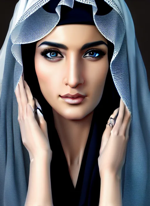 Image similar to arab ameera al taweel, blue eyes, black hair, white veil, in the style of stefan kostic, realistic, sharp focus, 8k high definition, insanely detailed, intricate, elegant, art by stanley lau and artgerm