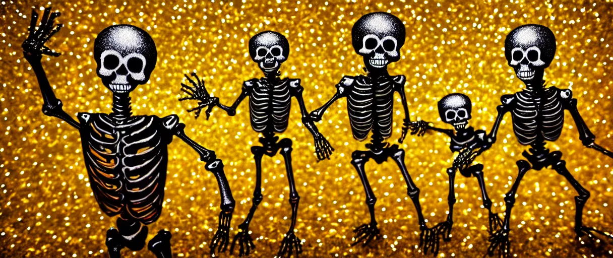 Image similar to hyperrealistic popart very cute glitter medieval skeletons dancing jason limon digital painting dramatic yellow lighting high angle hd 8k sharp shallow depth of field