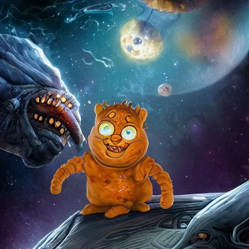 Image similar to one eldritch horror bloody garfield in space, galaxy, hd, 8 k, giant, epic, realistic photo, unreal engine, stars, prophecy, powerful, cinematic lighting, destroyed planet, debris, violent, sinister, ray tracing, dynamic, print, epic composition, dark, horrific, teeth, grotesque, scary, black ink drawing