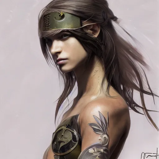 Image similar to tattoo design, a professional painting of a beautiful young female, partially clothed in battle armor, olive skin, long dark hair, beautiful bone structure, symmetrical facial features, intricate, elegant, digital painting, concept art, smooth, sharp focus, illustration, from Metal Gear, by Ruan Jia and Mandy Jurgens and Greg Rutkowski and Artgerm and William-Adolphe Bouguerea and artgerm, cat girl, anime