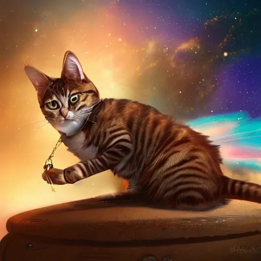 Image similar to A lazy steampunk cat jumping over the galaxy, digital illustration, concept art, 8k, trending on artstation