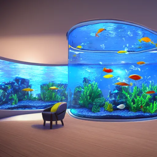 Image similar to photo of the big modern room as aquarium with a beautiful fishes and corals, realistic colors, realistic shadows, daylight made in blender, 3 d