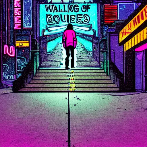 Prompt: walking alone in the boulevard of broken dreams, with neon lights, hyper detail, in the style of moebius, rule of thirds