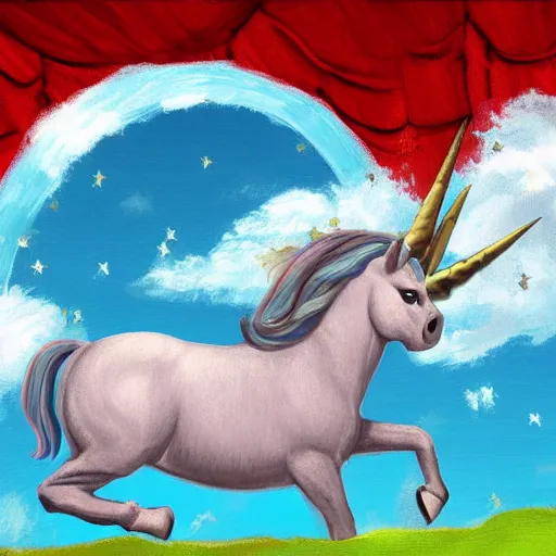 Image similar to an overweight unicorn pegasis flying over a fence, digital painting