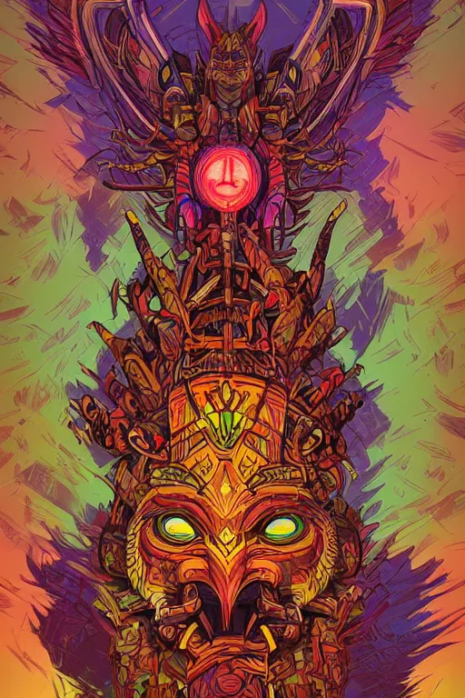 Image similar to totem animal tribal chaman vodoo mask feather gemstone plant wood rock video game illustration vivid color borderlands by josan gonzales and dan mumford radiating a glowing aura