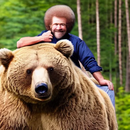 Prompt: a photo of bob ross riding on the back of a brown bear, outdoor, hyperrealistic, shutterstock contest winner, digital art, national geographic photo, stockphoto, majestic