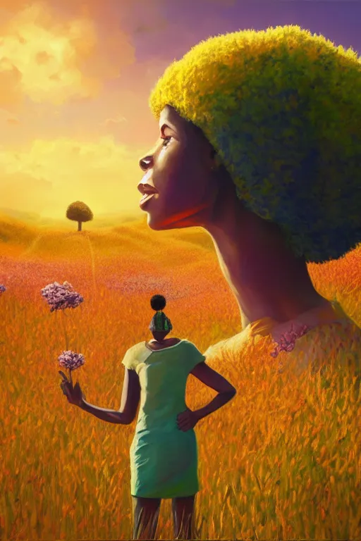 Image similar to closeup, giant flower as head, african woman in heather field, surreal photography, golden hour, colorful clouds, impressionist painting, digital painting, artstation, simon stalenhag