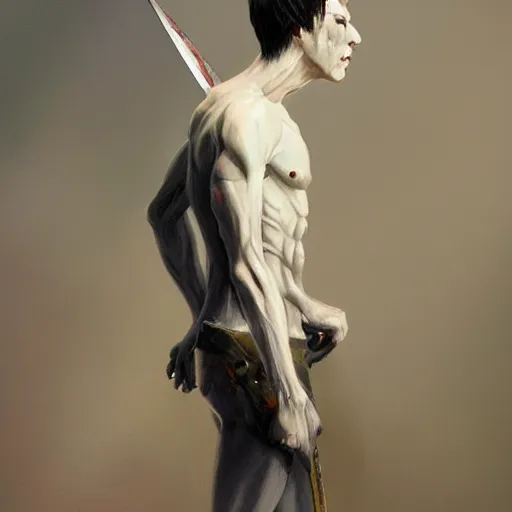 Image similar to fantasy painting of a pale man with a black blade, full body, clothed, painted by Bayard Wu, ultra detailed, 8k