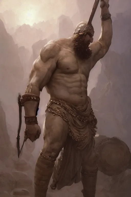 Image similar to ancient historically accurate depiction of the Bible Character Goliath of Gath, the Philistine warrior giant by frank miller, illustration by Ruan Jia and Mandy Jurgens and William-Adolphe Bouguereau, Artgerm, 4k, digital art, surreal, space dandy style, highly detailed, godsend, artstation, digital painting, concept art, smooth, sharp focus, illustration by Ruan Jia and Mandy Jurgens and William-Adolphe Bouguereau, Artgerm