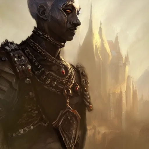 Image similar to closeup portrait of a male drow warrior, dungeons and dragons character, dramatic lighting, castle background, gorgeous view, realistic, high detail, digital art, painted by greg rutkowski, painted by jeremy mann, trending on artstation