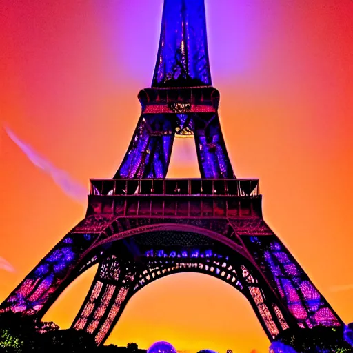 Image similar to Eiffel Tower covered in purple lovecraftian tendrils and glowing orange eyes