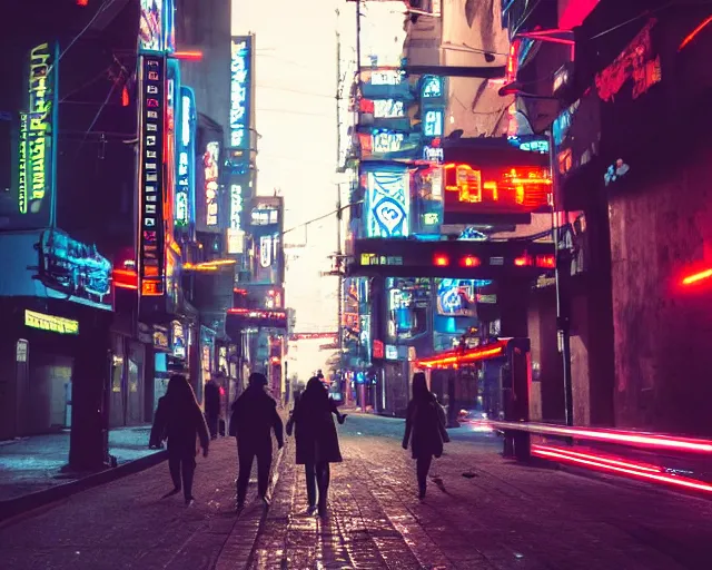 Image similar to people walking down a cyberpunk street at night