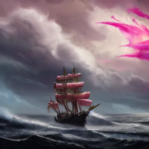 Image similar to pink-painted galleon ship sailing through a storm, rough seas, lightning, video game concept art, trending on artstation