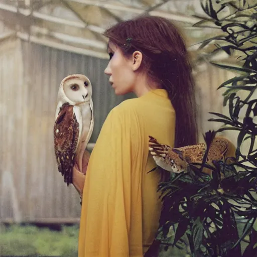 Image similar to head to shoulder grainy portrait Polaroid film photograph of an elegant top model wearing a yellow kimono with a very detailed barn owl on her shoulder!!! in a tropical greenhouse. looking at the camera!!. super resolution. Polaroid 600 film. art by Alessio albi and john william waterhouse and John Singer Sargent and greg rutkowski