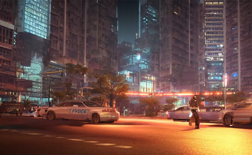 Image similar to Hong kong at night, police patrolling the street, a photorealistic painting by Gregory Crewdson, cgsociety, playstation 5 screenshot, matte painting, cryengine