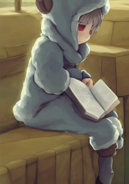 Image similar to beautiful little boy wearing sheep suit reading a book while sitting on chair, gray, blue, green and brown pallet color. made in abyss art style, inspired in kris from deltarrune, cute detailed artwork, anatomically correct, soft details, ilya kuvshinov, reflection, perfect composition, mobile wallpaper, illumination, helltaker