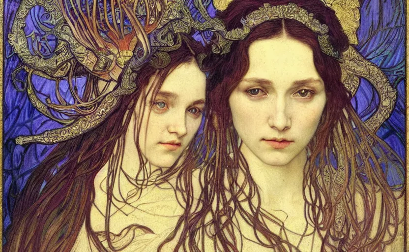 Image similar to detailed realistic beautiful young medieval queen face portrait by jean delville, alphonse mucha, vincent van gogh, and marco mazzoni, art nouveau, symbolist, visionary, gothic, pre - raphaelite