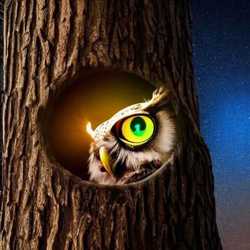 Image similar to mechanical owl inside a hole in a tree, red eyes glowing, night sky with full of stars, in the middle of forest, realistic style, futuristic, photorealistic, cinematic lighting, high key lighting, high contrast, 8 k, golden ratio, uhd, hd, shallow focus, lens 7 5 mm