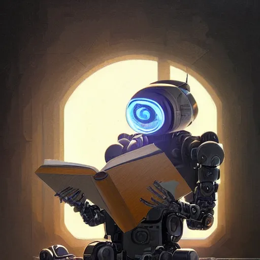 Image similar to a robot reading a book, highly detailed, digital painting, artstation, concept art, sharp focus, illustration, art by eddie mendoza and greg rutkowski and alphonse mucha