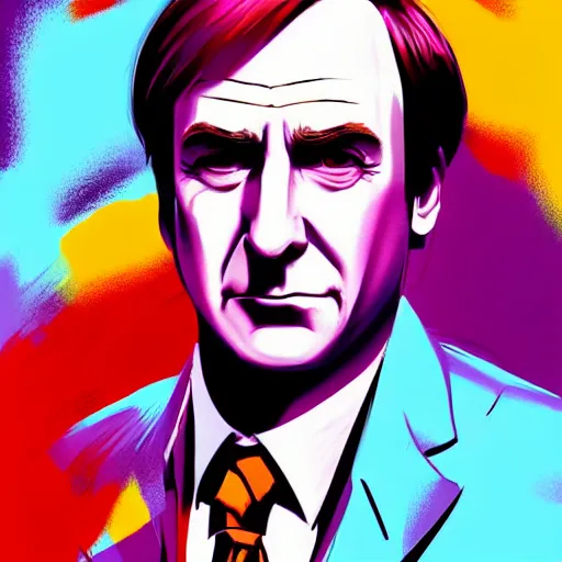 Image similar to saul goodman in ilya kuvshinov style, professional digital painting, wild brush strokes, concept art, award - winning photography, cinematic, wlop, color block, pop, hip, art by andy warhol, pixiv art, yoshitaka amano