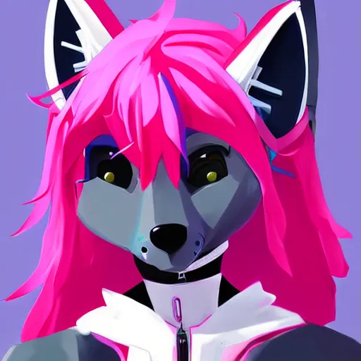 Image similar to digital art artstation, pixiv, portrait of a robotic fox with pink hair, character fursona furry fandom, furaffinity