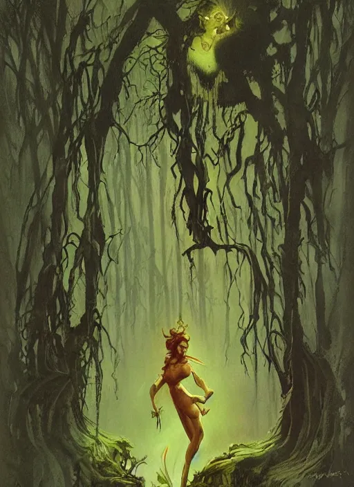 Image similar to mighty fey queen, vine dress, glowing forest, strong line, eerie color, beautiful! coherent! by frank frazetta, by brom