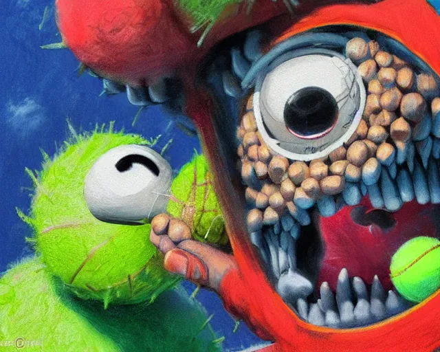 Image similar to tennis ball monsters, theme park, digital art, fantasy, magic, chalk, chalked, trending on artstation, ultra detailed, detailed, fine details, professional illustration by basil gogos