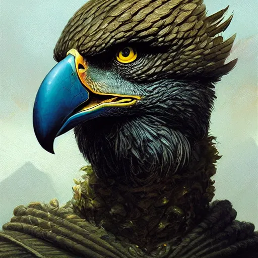 Image similar to head and shoulders portrait of a male aarakocra anthropomorphic eagle, d & d, fantasy, greg rutkowski, frank frazetta, alexandre chaudret, boris vallejo, michael whelan, miro petrov, hr giger, magali villeneuve, donato giancola