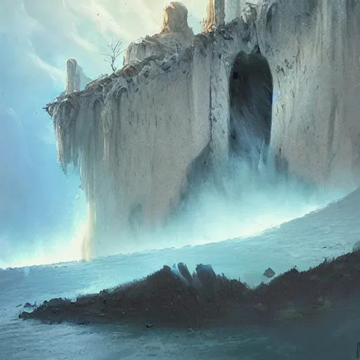 Image similar to a cliff smeared with soaking blue blood steaming, perturbed view, Greg Rutkowski, 4mm brush strokes, randomized