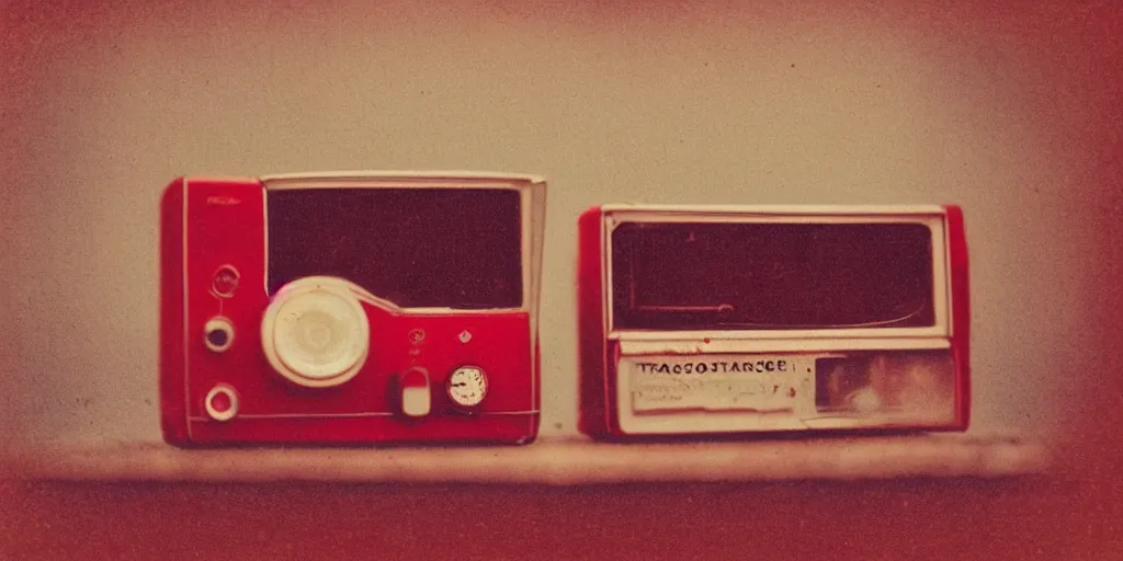 Prompt: analog vintage photography portrait polaroid of the inside of a transistor radio, red color bleed, heavy film grain, bloom, glow