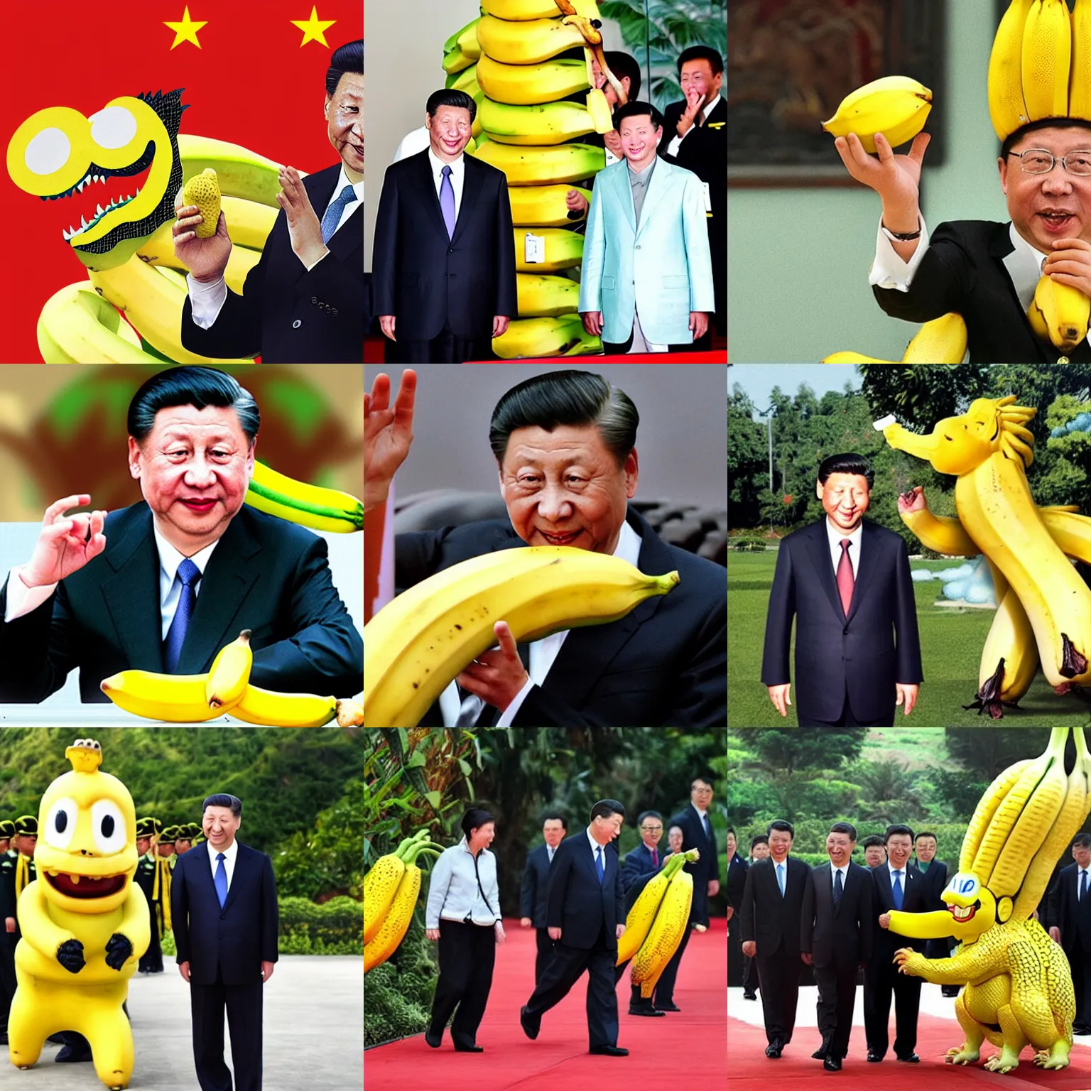 Prompt: Chinese president with banana, defeating dragon