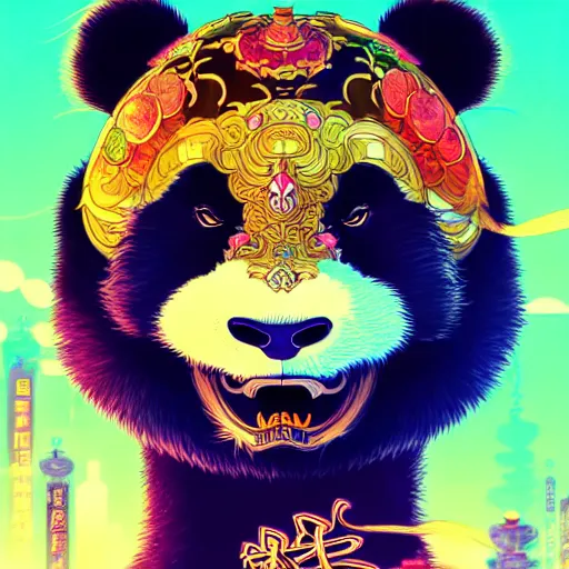 Image similar to a beautiful hyperdetailed character design 4 k wallpaper illustration of a cute panda with a chinese lion dance head victo ngai cyberpunk style, from china, style of studio ghibli, makoto shinkai, raphael lacoste, louis comfort tiffany, artgerm, james jean, ross tran, chinese style