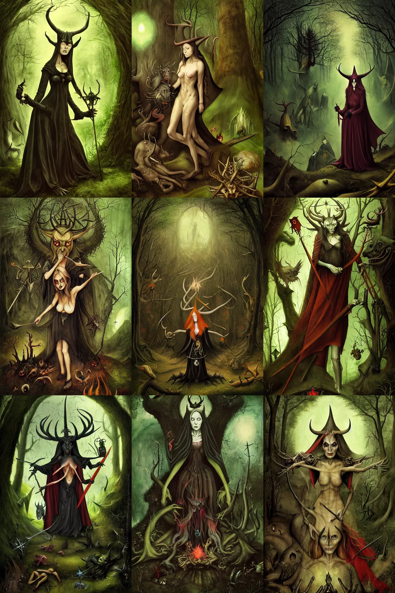 Prompt: satanic witch in the evil forest, fantasy, 8 k resolution, hyper detailed, character design, digital painting, sharp focus, illustration, art by hieronymus bosch