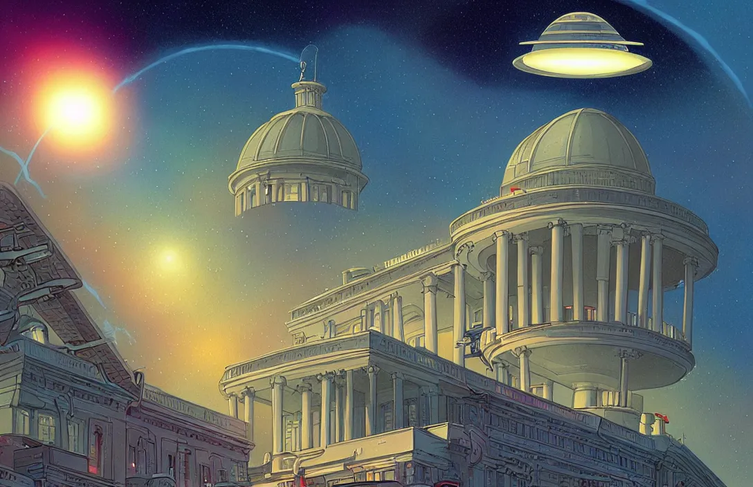 Prompt: sci-fi UFO over the white house, digitally painted by Tim Doyle, Kilian Eng and Thomas Kinkade, centered, uncropped