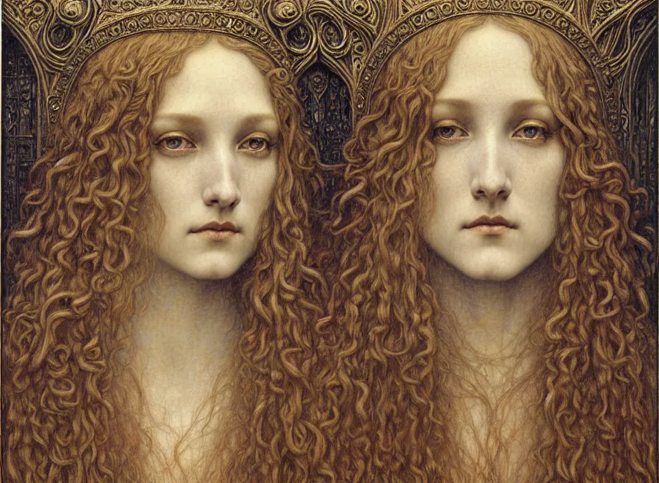 Image similar to detailed realistic beautiful young medieval queen face portrait by jean delville, gustave dore and marco mazzoni, art nouveau, symbolist, visionary, gothic, pre - raphaelite. horizontal symmetry