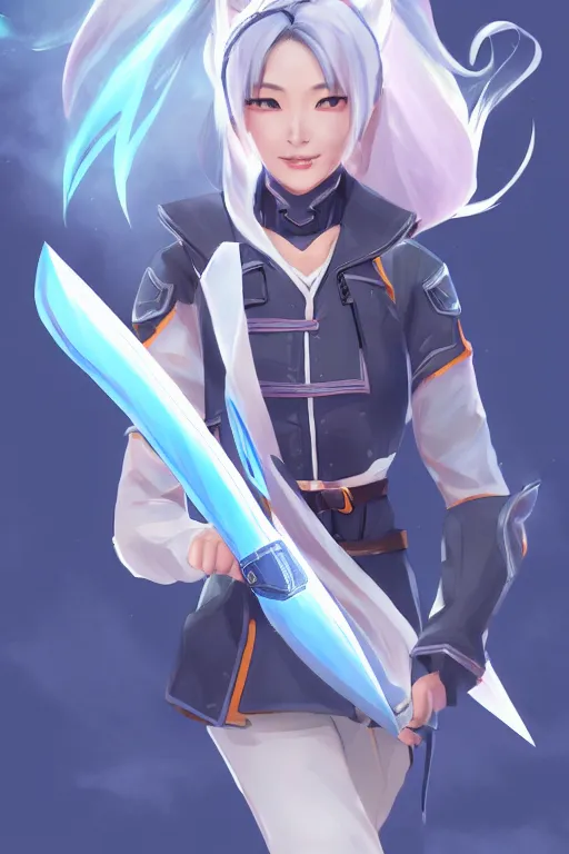 Image similar to a south korean female from paladins, white ponytail hair, she is holding a kunai, wearing light blue jacket, highly detailed digital art, character design, masterpiece