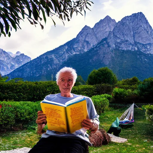 Image similar to my older italian wise friend on a hammock, reading the book about love, face iluminated by new knowledge, mountains in a background