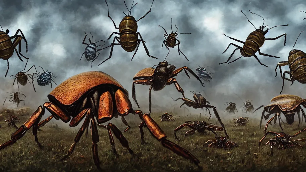 Prompt: cinematic painting of an army of giant bugs