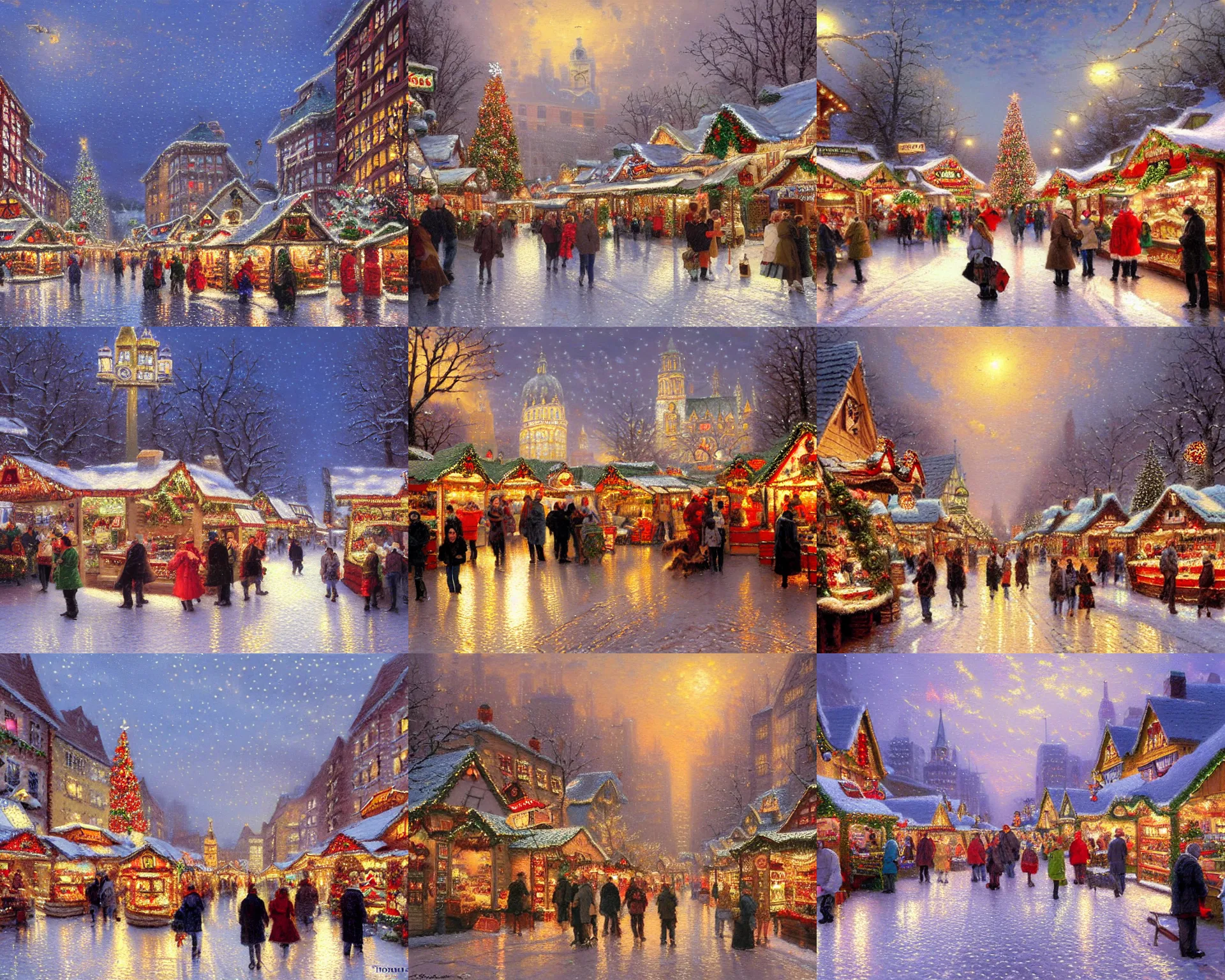 Prompt: city streets at christmas, german christmas market, painting by thomas kinkade