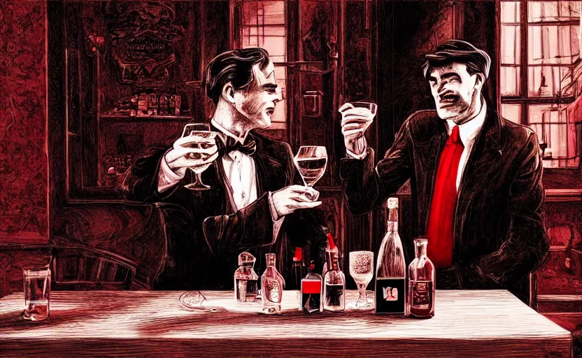 Prompt: A handsome Frenchman and the devil toasting over a whiskey, film noir style, black and white and red colors, establishing shot, extremely high level of detail, high quality, digital art