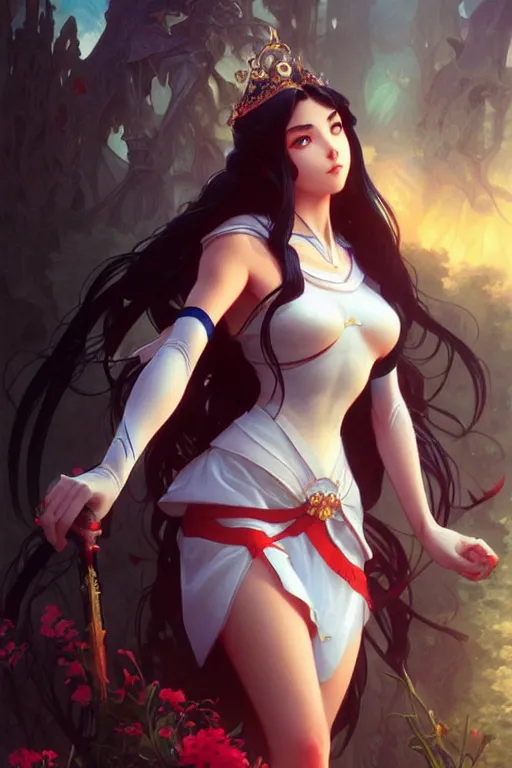 Image similar to rei hino as a princess, fantasy, intricate, elegant, highly detailed, digital painting, artstation, concept art, matte, sharp focus, illustration, art by artgerm and greg rutkowski and alphonse mucha