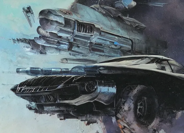 Prompt: ( ( ( ( ( knight rider kitt, car concept art, sci - fi illustration, painting ) ) ) ) ) by vincent di fate and john berkey and mad max fury road!!!!!!!