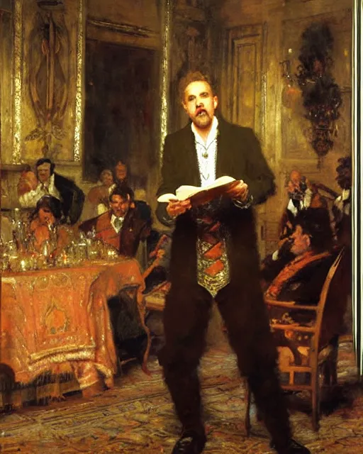 Image similar to a handsome man rehearsing shakespeare to a room full of businessmen, painting by gaston bussiere, craig mullins, j. c. leyendecker