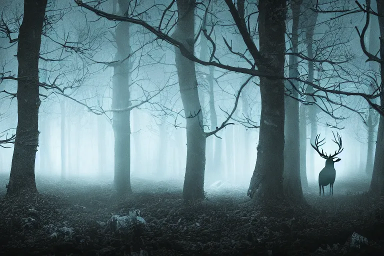 Image similar to a creepy dark forest illuminated by a glowing stag, night