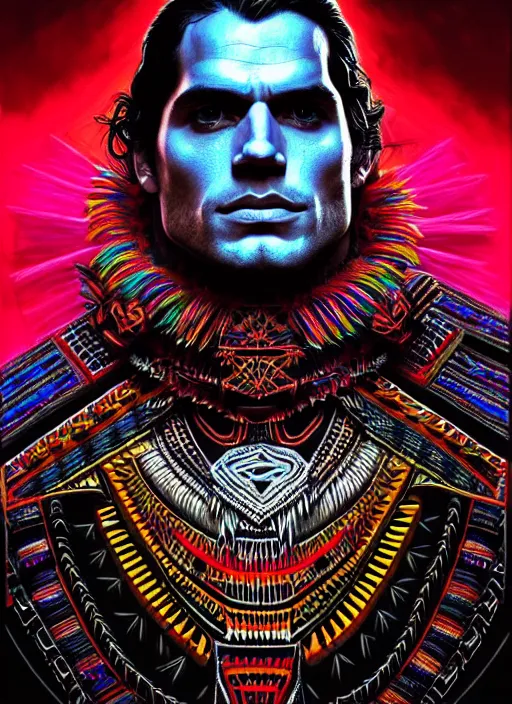 Prompt: portrait of henry cavill, hyper detailed ultra sharp aztec shaman warrior. trending on artstation, warpaint aesthetic, bloodwave, colorful, psychedelic, ornate, intricate, digital painting, concept art, smooth, sharp focus, illustration, art by artgerm and greg rutkowski and h. r. giger, 8 k