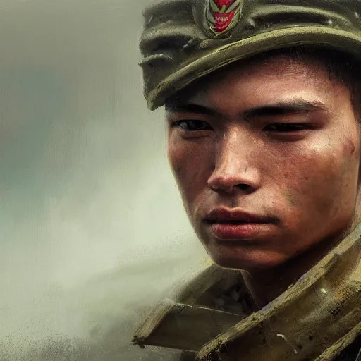 Image similar to a dramatic epic ethereal portrait of a Vietnam War soldier, young male, detailed face, cinematic lighting, highly detailed oil on canvas painting by Greg Rutkowski, winning-award digital art trending on Artstation H 1024 W 832